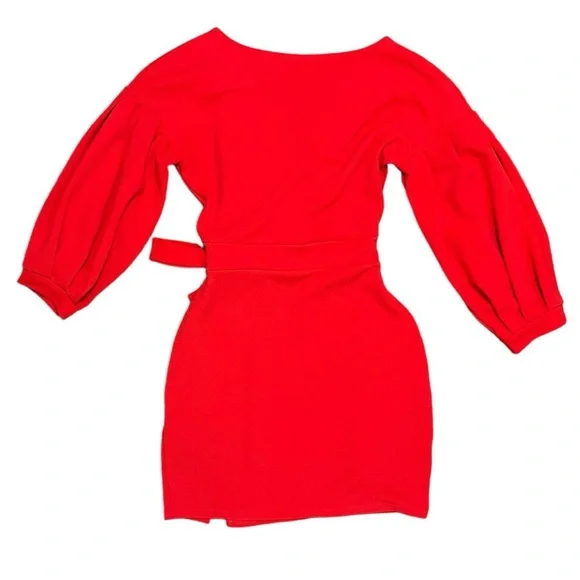 SOLD- Nasty Gal Red Faux Wrap Puff Sleeve Mini Dress Size 8 - Picture 2 of 4